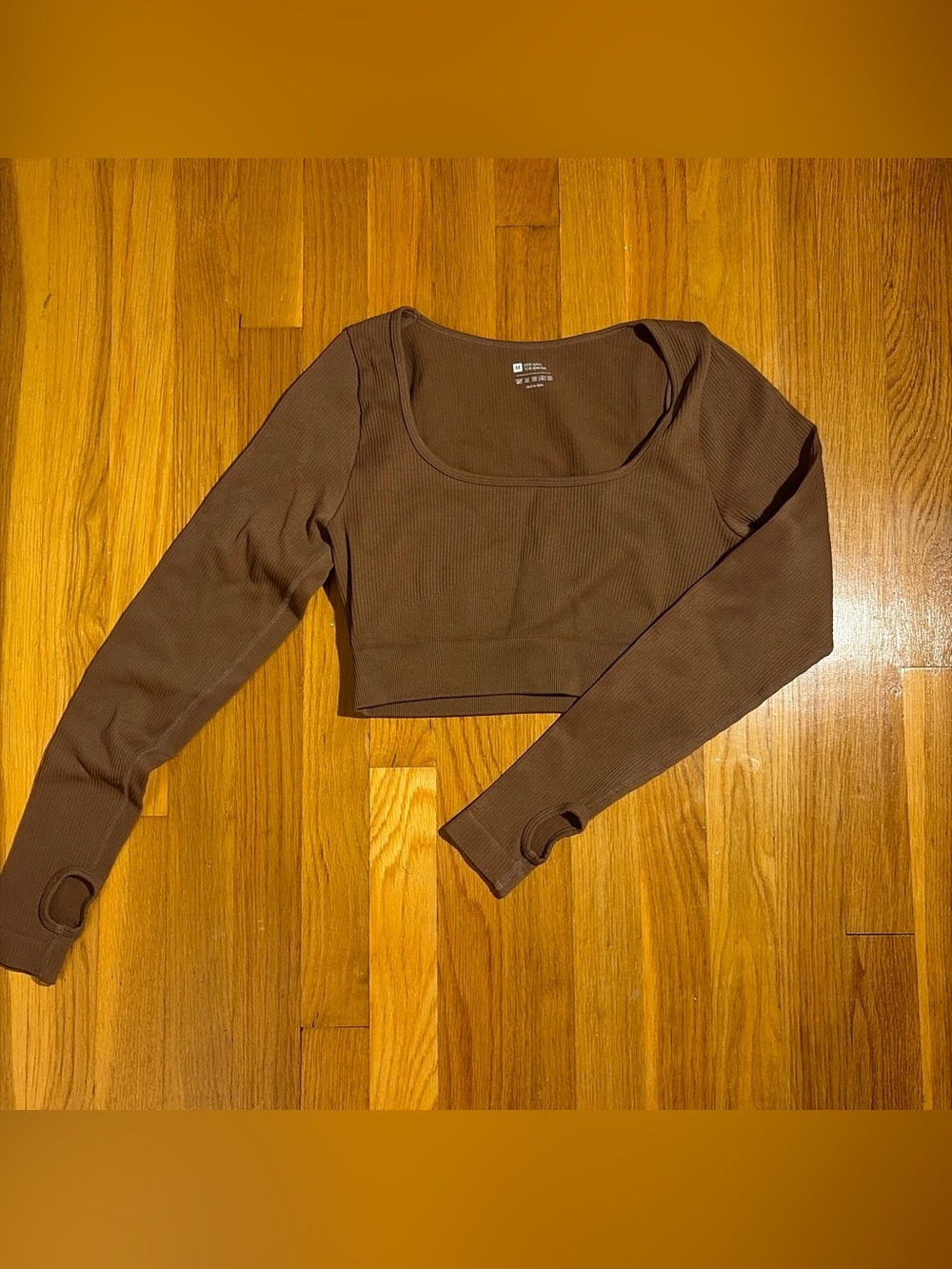 Amazon Brown Ribbed Long-Sleeve Scoop Crop Top